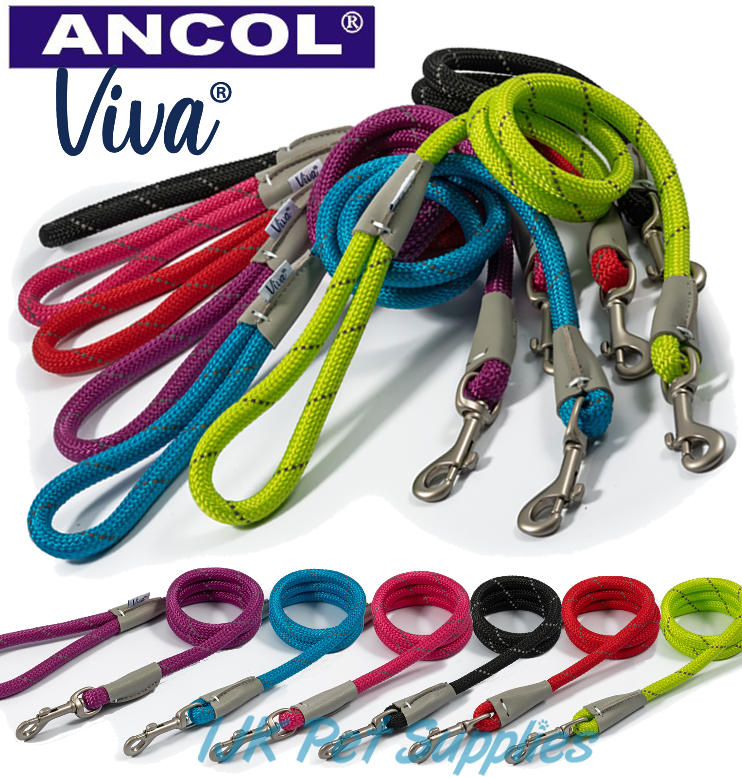 Ancol Viva Reflective Rope Clip "Snap" Dog Lead New for Summer 2020