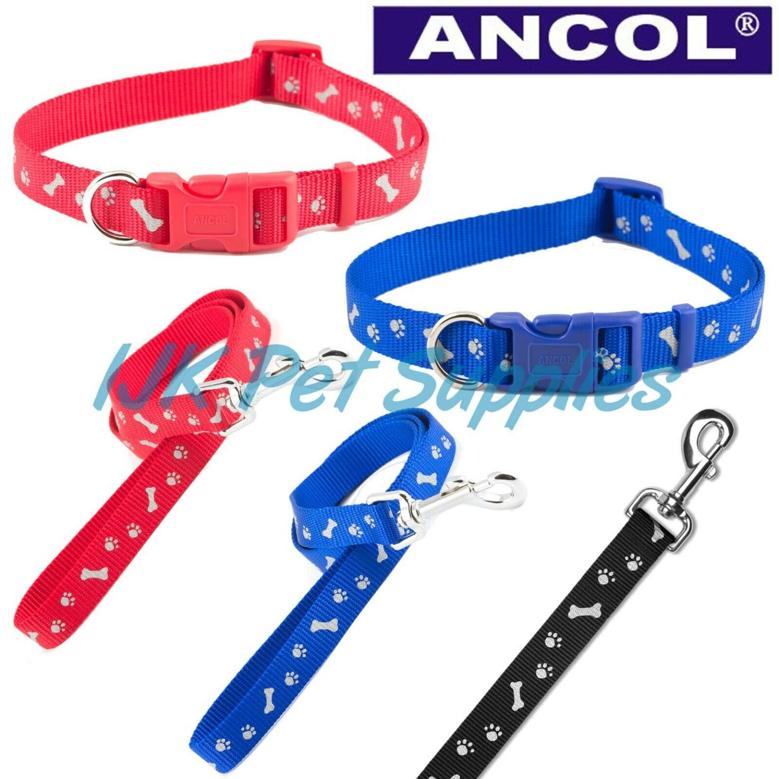 Ancol Dog Fashion Adjustable Reflective Nylon Collars and Leads Paw n